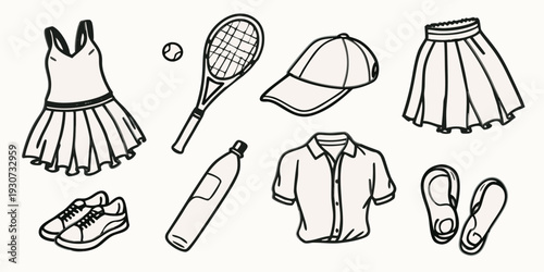 A collection of hand drawn tennis apparel and equipment sketches