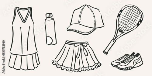 A sketch of tennis apparel and equipment against a pale background