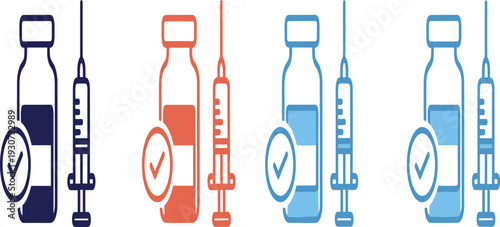 Vaccination Medical Icon Set with Vaccine Bottle Syringe and Approved Check Mark Immunization Healthcare Protection Vector Illustration.