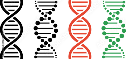 DNA Double Helix Vector Icons in Black, Red and Green