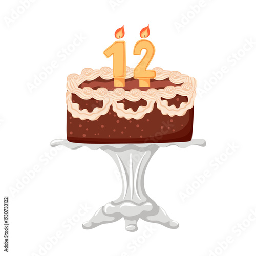 Chocolate Birthday cake with number candles. Sweet bakery dessert decorated in retro style. Cake with cream for celebration design. Vector illustration isolated on white for postcard, sticker, web