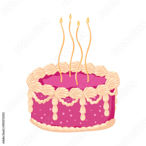 Birthday cake with burning candles. Sweet bakery dessert decorated in retro style. Pink cake with cream for celebration design. Vector illustration isolated on white for postcard, sticker, web