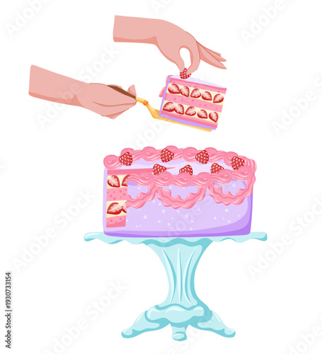 Birthday strawberry cake. Sweet bakery dessert decorated in retro style. Hand holds a piece of cake with cream for celebration design. Vector illustration isolated on white for postcard, sticker, web