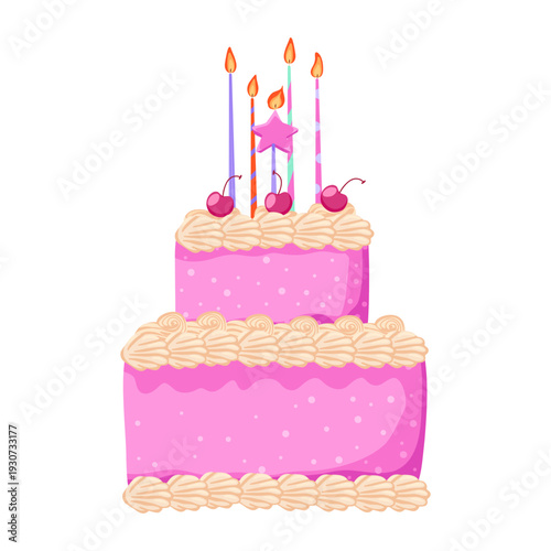 Pink two-tier Birthday cake with candles. Sweet bakery dessert decorated in retro style. Cherry cake with cream for celebration design. Vector illustration isolated on white for postcard, sticker, web