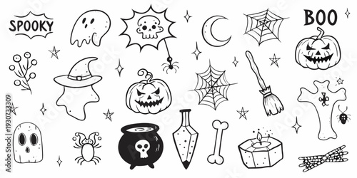 Hand drawn halloween doodles including ghosts pumpkins and witch s items