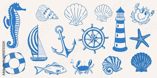 Blue nautical illustrations featuring shells seahorses and maritime elements