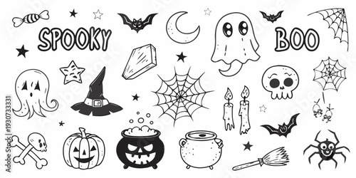 Hand drawn halloween elements including ghosts bats and spooky lettering