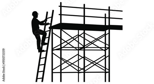 A construction worker climbs a ladder on scaffolding depicted in a stark black silhouette high quality professional detailed modern elegant stylish