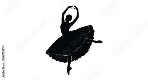 A graceful ballerina is captured in a dynamic pose arms raised and skirt flowing presented as a striking silhouette high quality