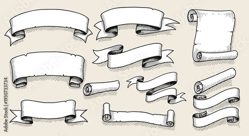 Collection of hand-drawn banners and scrolls for design elements.