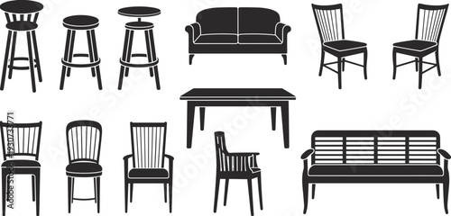 Furniture silhouette vector set, chairs, stools, sofa and table black icons collection for home interior design illustration