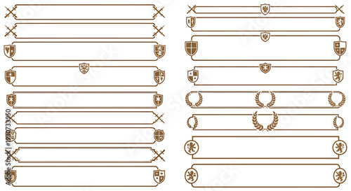Collection of ornate decorative borders and frames with heraldic elements.