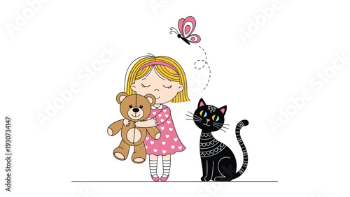 Adorable little girl character hugs her brown teddy bear while standing beside a black cat with a butterfly.
