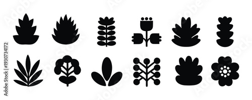 Collection of 12 unique plant silhouettes on a white background