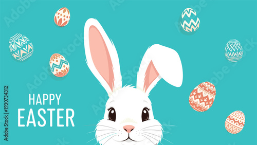 Happy easter celebration banner shows a white bunny peeking out from behind decorated eggs on a teal background.