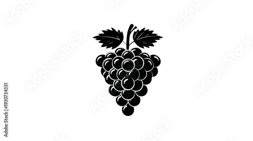 A simple, black-and-white illustration of a bunch of grapes with leaves against a white background