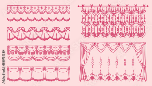 Vintage lace trim and curtain designs in shades of pink