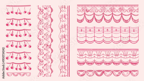 Repeating patterns of cherries floral elements and scalloped borders in pink