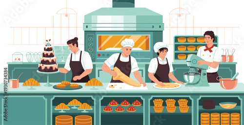 Professional, bakery, kitchen, team, of, chefs, and, bakers, preparing, fresh, bread, pastries, and, cakes, in, commercial, workspace, flat, vector, illustration, food, production