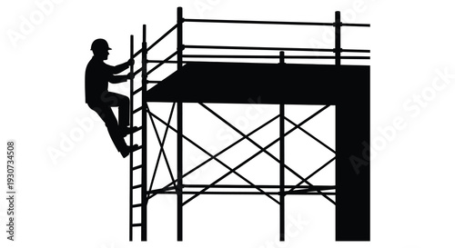 A construction worker climbs scaffolding diligently working at a height on a building site silhouette high quality professional detailed modern