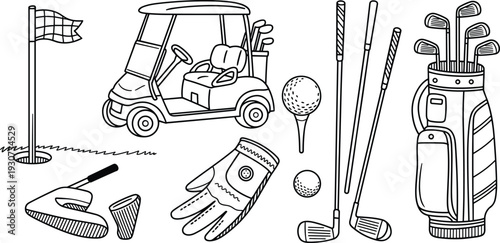 Golf equipment set with clubs, cart, bag and accessories, hand drawn outline vector illustration isolated on light background