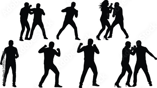Boxing and fighting people silhouette collection isolated on white background, men and woman practicing self defense and combat sport illustration