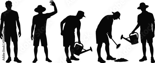 Gardener silhouette vector set, man with watering can and rake working in garden isolated black figures illustration