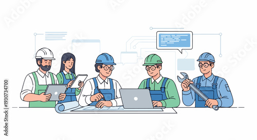 Five diverse workers in hard hats and vests using laptops and tools in a modern office setting with a professional mood.