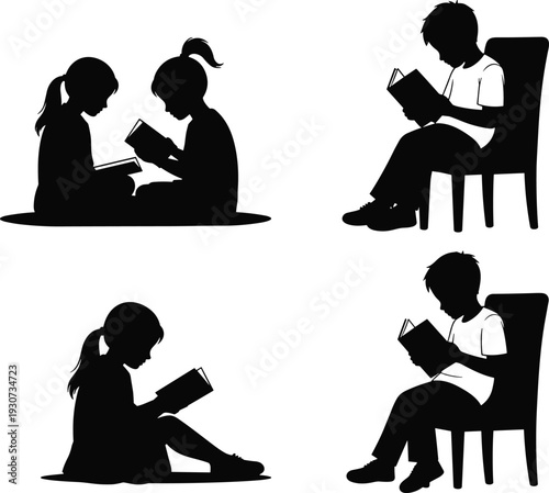 Bild auf Leinwand Children reading book silhouettes set, kids sitting and studying isolated on whi