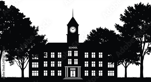 A striking black silhouette of a school building with a clock tower and surrounding trees offering a stark contrast silhouette