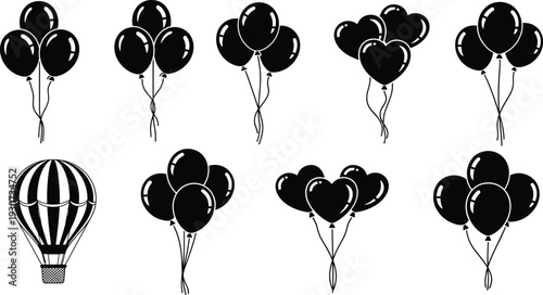 Black balloon silhouette set, party celebration helium balloons and hot air balloon vector illustration isolated on white background