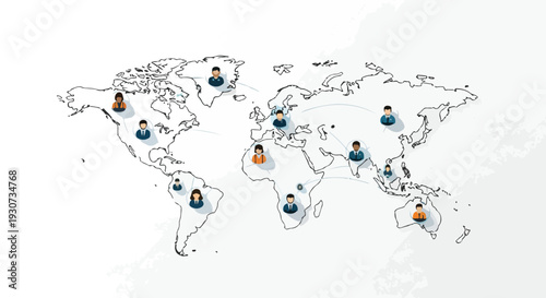 Illustration of a world map with various colored location markers on continents in a simple line art style against a white background.