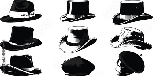 Vintage Men's Hat Collection Vector Set featuring Classic Fedoras, Elegant Top Hats, Stylish Berets, and Cowboy Hats for Retro Fashion and Graphic Design