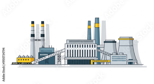 Industrial Factory Building with Chimneys.