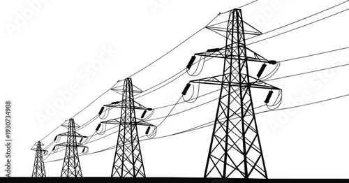 High voltage electricity transmission towers with power lines silhouette, industrial energy infrastructure network against minimal sky background vector illustration modern grid system landscape