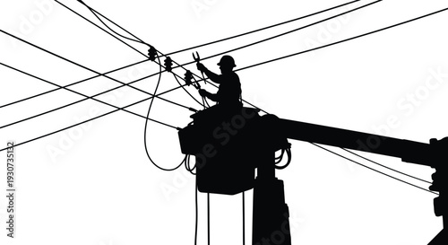 A lineman working on high voltage power lines from a bucket truck captured in stark black silhouette high quality professional detailed