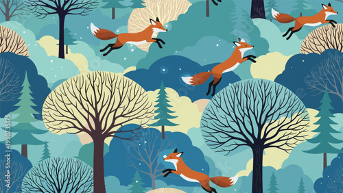Energetic seamless pattern shows orange foxes leaping through a stylized forest of blue and yellow trees in winter.