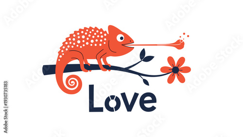Stylized red chameleon on a dark branch with its tongue extended toward a small heart in a love theme illustration.