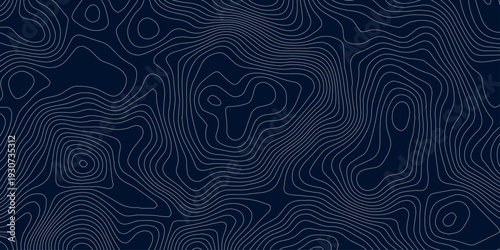 Dark Navy Minimalist Topographic Map Background with Cyan and Teal Contour Lines, Organic Elevation Curves and White Paper Relief Texture Vector Design.