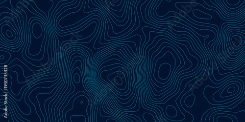 Dark Navy Minimalist Topographic Map Background with Cyan and Teal Contour Lines, Organic Elevation Curves and White Paper Relief Texture Vector Design.