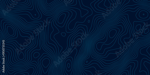 Abstract Teal Topographic Contour Lines on Deep Navy Background with White Wave Paper Relief Effect and Flowing Cyan Elevation Curves, Modern Vector Map Pattern.