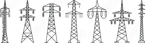 High voltage transmission tower collection vector illustration, electric power line pylons isolated energy infrastructure set