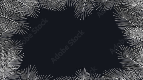 Decorative frame composed of white pine needle branches on a dark background creates a winter holiday border design.