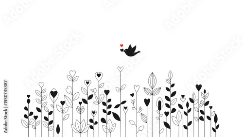 Heart shaped flowers grow in a black and white garden while a bird flies above with a small red heart in this sweet illustration.
