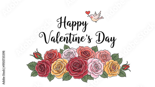 Happy Valentine Day greeting includes a lush bouquet of red pink and yellow roses with a small bird holding a heart.