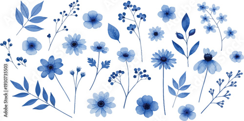Blue flowers and leaves on white background watercolor floral arrangement