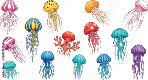 Colorful Jellyfish Vector Illustration Set Featuring Realistic Sea Creatures with Flowing Tentacles for Ocean, Marine Life, and Underwater Design
