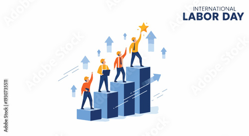 Illustration of business people climbing a bar graph with arrows pointing upwards and a star on top, symbolizing success and growth in a minimalist style with a professional mood.