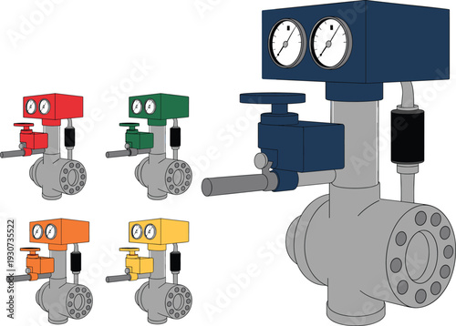 Industrial control valve with pressure gauges vector set, pipeline flow regulator equipment illustration, colored mechanical engineering device for oil and gas industry