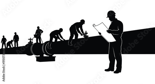 Construction workers are depicted in a dark striking silhouette reviewing blueprints and operating heavy machinery silhouette high quality professional detailed modern